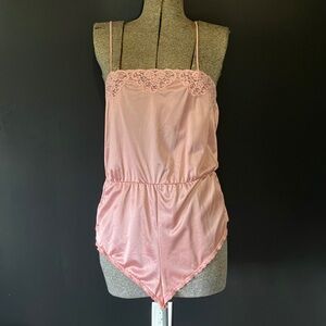 Vintage Pink Blush Satin Nylon One-piece Bodysuit Lingerie Size Small